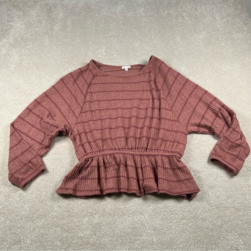 En Creme Shirt Peasant Soft Striped Crew‎ Neck Pink Gathered Waist Womens Small